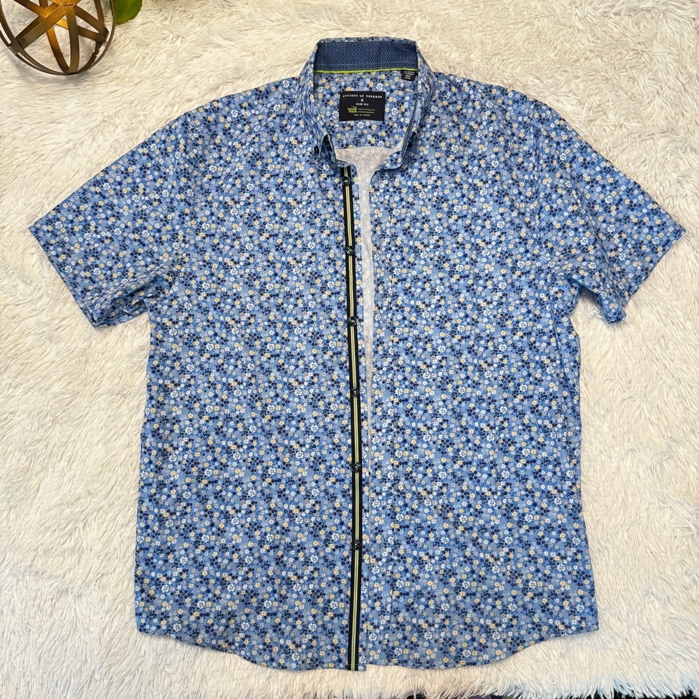 Men's Blue Floral Short Sleeve Shirt (SOCIETY OF THREADS)- Small
